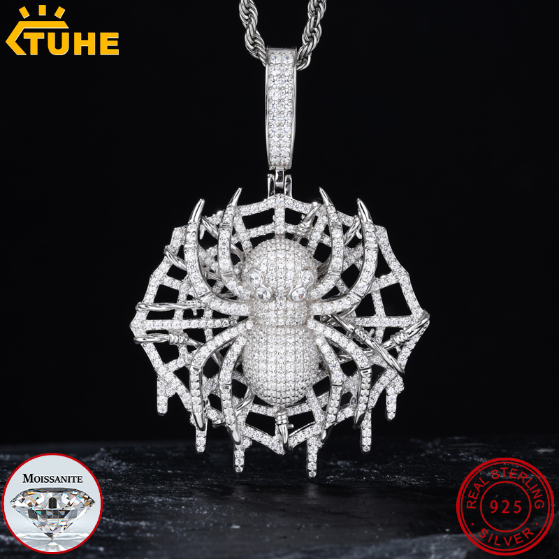 925 Sterling Silver Chain Necklace Men - Liontin Laba-laba Moissanite VVS1 Berkualitas Tinggi